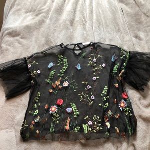 Black mesh embroidered top